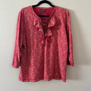 Vtg Lauren Ralph Lauren Red Paisley Ruffle Lace-Up Tunic Top Women’s XL Cotton